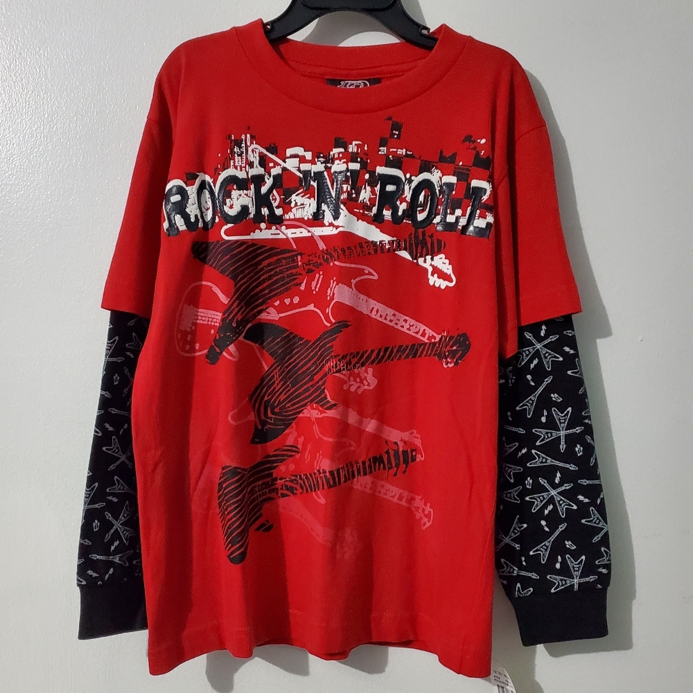 Fast Track Sportwear, boys Rock N Roll Red Graphic Long Sleeve Shirt. NWT